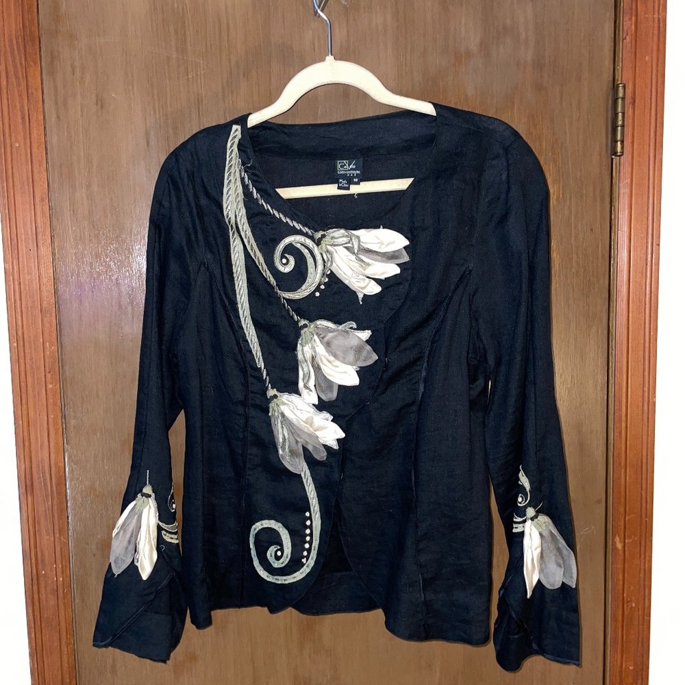 CoVelo Art to Wear Black Linen Blouse with Silk Lilies - Women's Sz 10